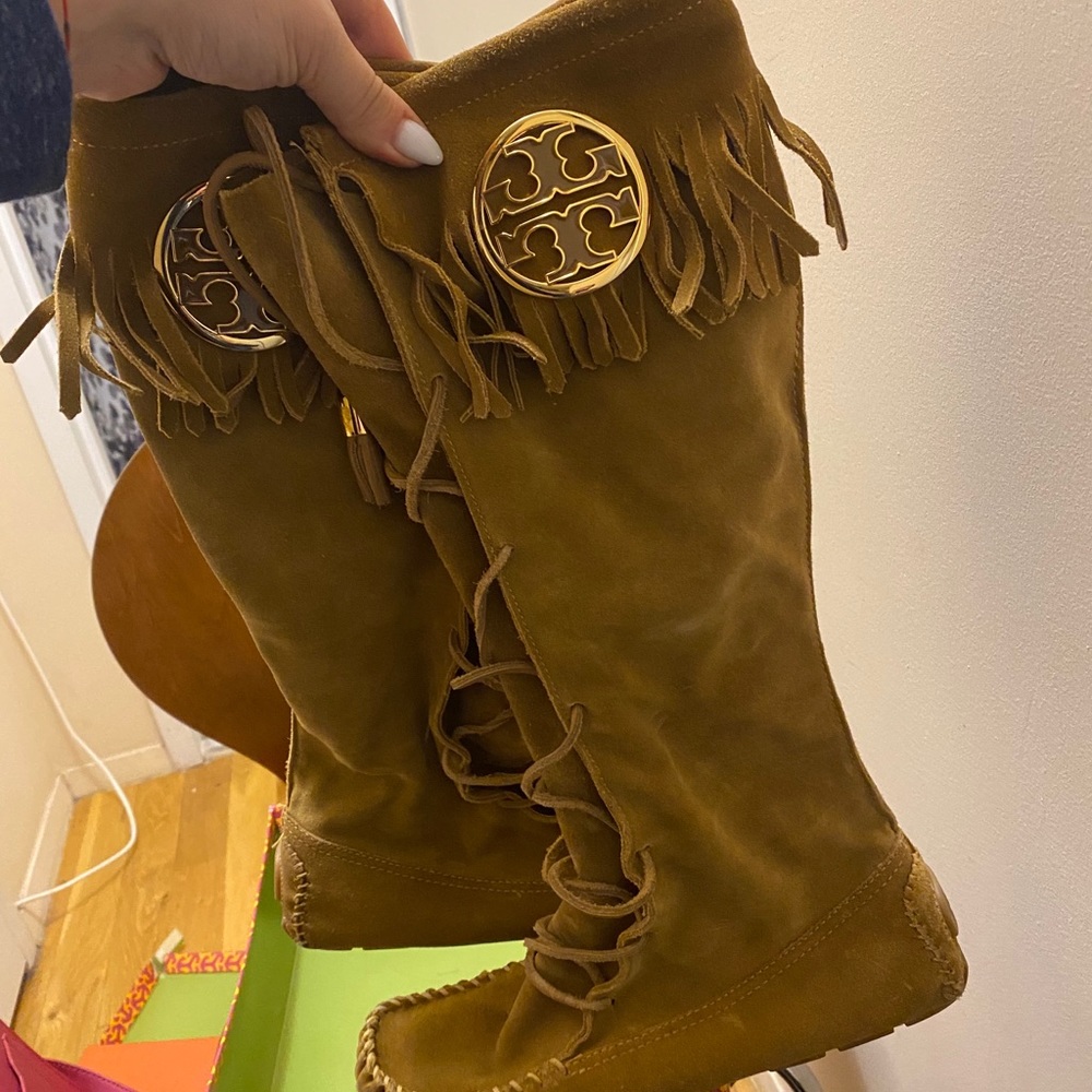 Tory Burch Suede Camel Moccasin Lace up Boots - Picture 4 of 16